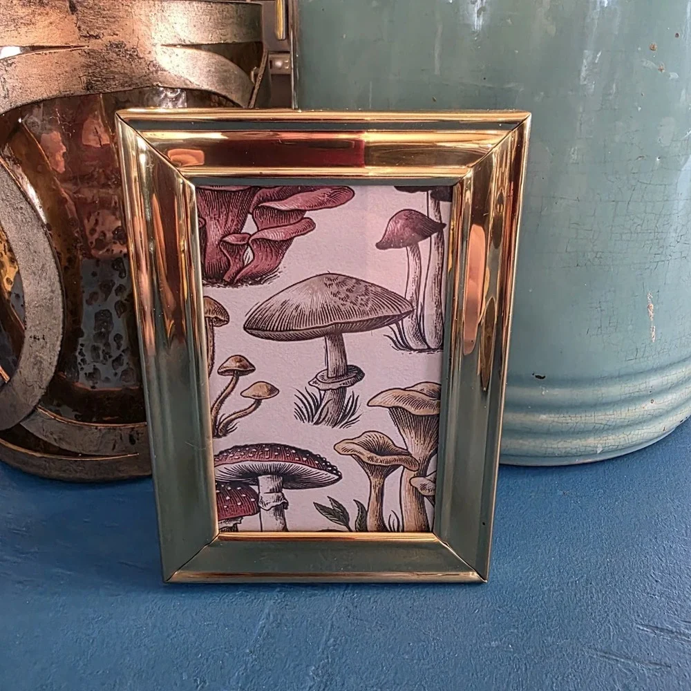 Vtg Brass Frame Mushroom Art Print Velvet Back Glass Front 3.75